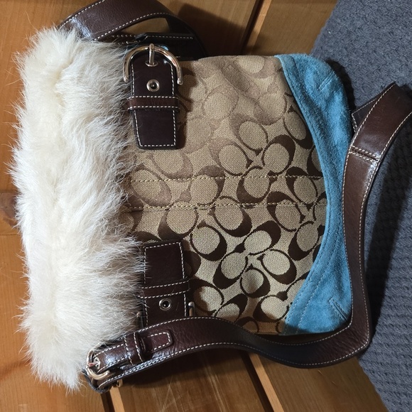 Coach RARESuede Tan and Blue Crossbody Bag with Fur Accent